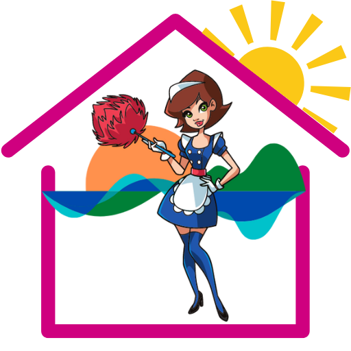 The Maids new logo with the maid Infront of a neon pink house frame
